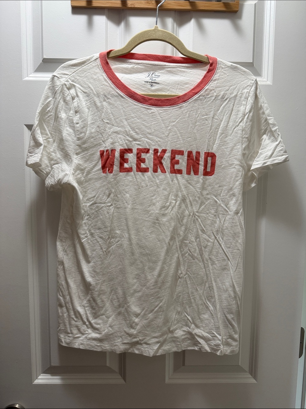 J. Crew White Ringer Tee with Coral Red 'WEEKEND' Graphic